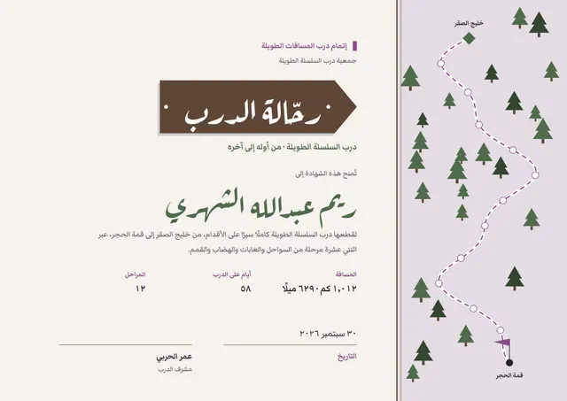 قالب شهادة إتمام مسار المشي الطويل بتصميم زيتوني وأوراق شجر، مقاس A4 أفقي
