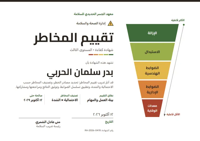 قالب شهادة تقييم المخاطر بتصميم زيتوني ونجوم، مقاس A4 أفقي