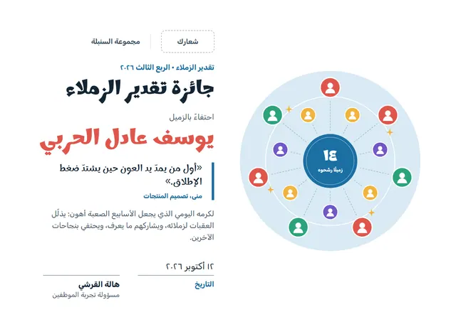 قالب شهادة تقدير من الزملاء بتصميم مرجاني ونجوم، مقاس A4 أفقي