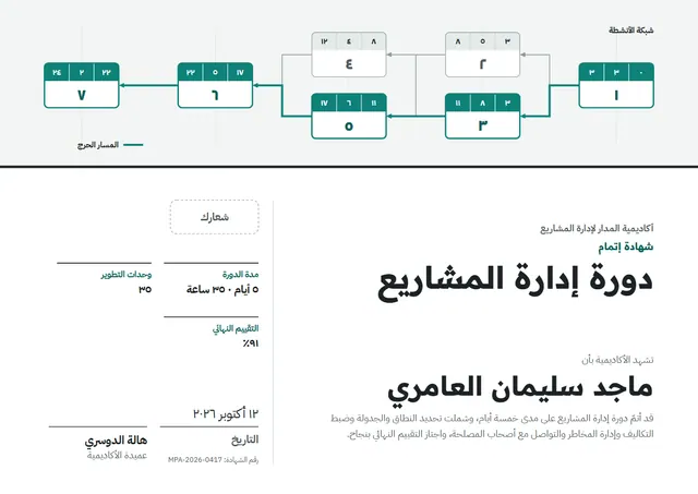 قالب شهادة دورة إدارة المشاريع بتصميم فيروزي داكن وشريط جانبي، مقاس A4 أفقي