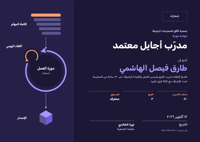 قالب شهادة مدرّب المنهجيات الرشيقة بتصميم ليلي داكن وشريط جانبي، مقاس A4 أفقي