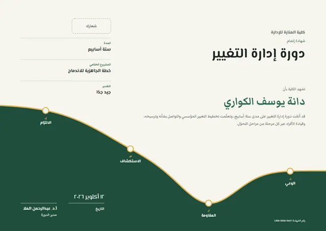قالب شهادة دورة إدارة التغيير بتصميم عصري أخضر داكن، مقاس A4 أفقي