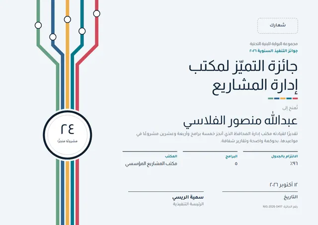 قالب شهادة التميّز في مكتب إدارة المشاريع بتصميم ليلي داكن ورسوم بيانية، مقاس A4 أفقي