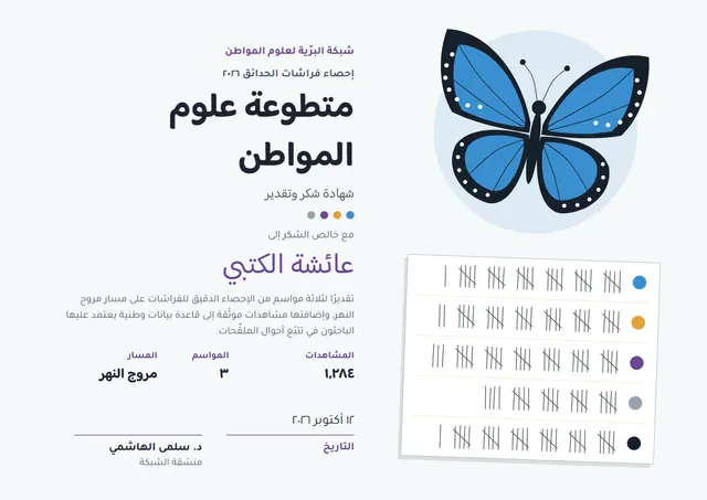 قالب شهادة متطوّع في العلوم التشاركية بتصميم بنفسجي وشمس مشرقة، مقاس A4 أفقي