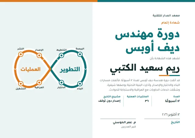 قالب شهادة دورة مهندس DevOps بتصميم فيروزي داكن ورسوم بيانية، مقاس A4 أفقي