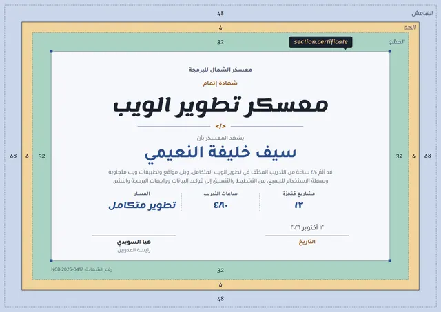 قالب شهادة معسكر تطوير الويب بتصميم أصفر مشمس وإطار أنيق، مقاس A4 أفقي