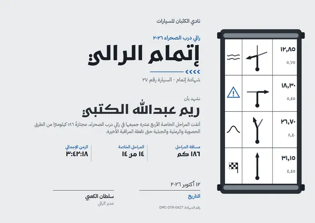 قالب شهادة إتمام سباق الرالي بتصميم أسود ونجوم، مقاس A4 أفقي