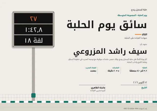 قالب شهادة سائق يوم الحلبة بتصميم فيروزي داكن وإطار أنيق، مقاس A4 أفقي