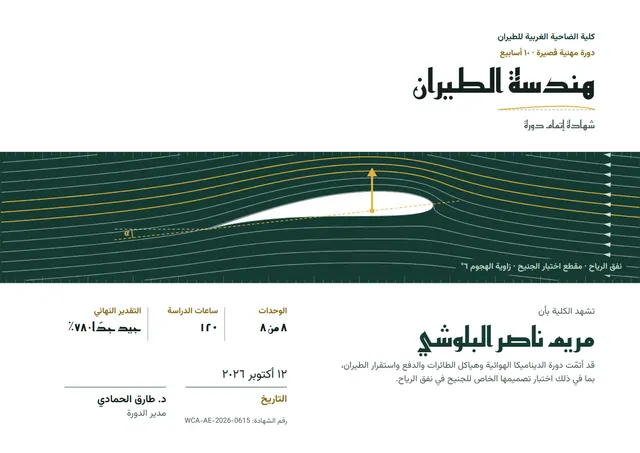 قالب شهادة دورة هندسة الطيران بتصميم عصري أخضر داكن، مقاس A4 أفقي