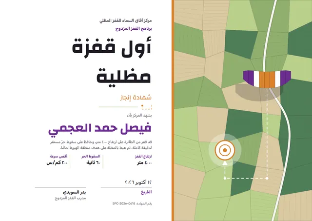 قالب شهادة القفزة المظلية الأولى بتصميم أخضر ليموني ونقوش هندسية، مقاس A4 أفقي