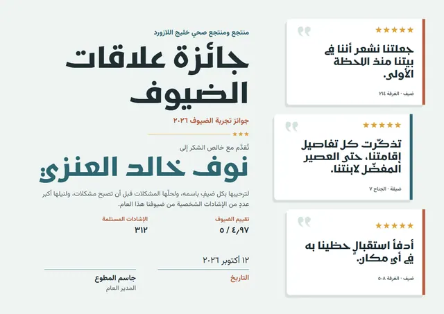 قالب شهادة التميّز في علاقات الضيوف بتصميم أزرق بحري ونجوم، مقاس A4 أفقي