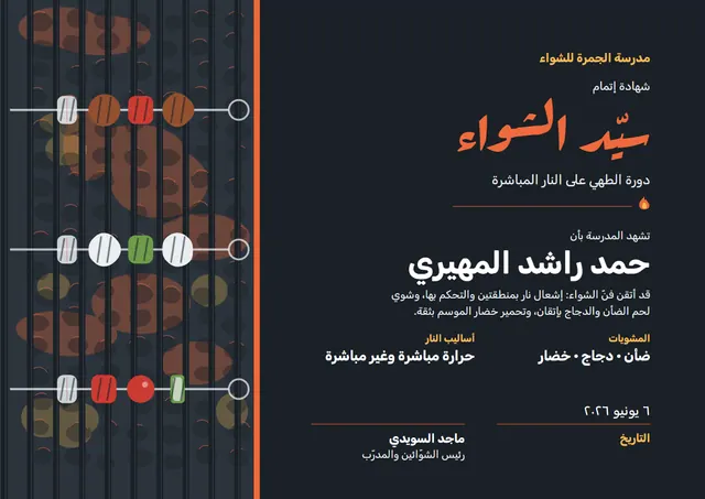 قالب شهادة أستاذ الشواء بتصميم أسود وأمواج، مقاس A4 أفقي