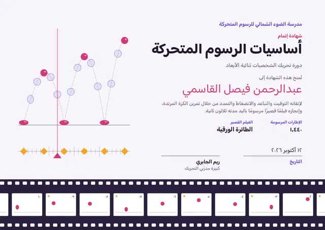 قالب شهادة دورة الرسوم المتحركة بتصميم توتي ومدارات، مقاس A4 أفقي
