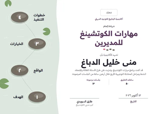 قالب شهادة مهارات الكوتشينغ بتصميم برقوقي وأمواج، مقاس A4 أفقي
