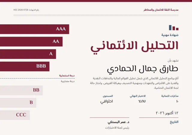 قالب شهادة تحليل الائتمان بتصميم عنابي وشريط جانبي، مقاس A4 أفقي