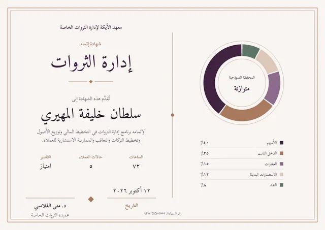 قالب شهادة إدارة الثروات بتصميم نحاسي وإطار مزدوج، مقاس A4 أفقي