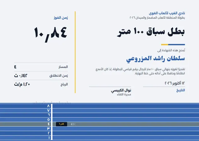 قالب شهادة العدو السريع بتصميم أزرق فولاذي ونقوش هندسية، مقاس A4 أفقي
