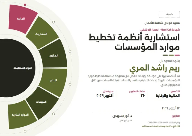 قالب شهادة استشاري أنظمة تخطيط الموارد بتصميم عصري زيتوني، مقاس A4 أفقي