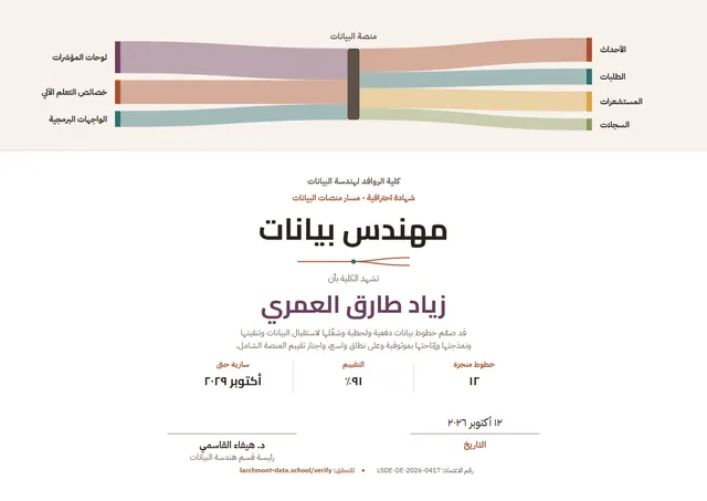 قالب شهادة مهندس البيانات بتصميم برقوقي وشريط، مقاس A4 أفقي