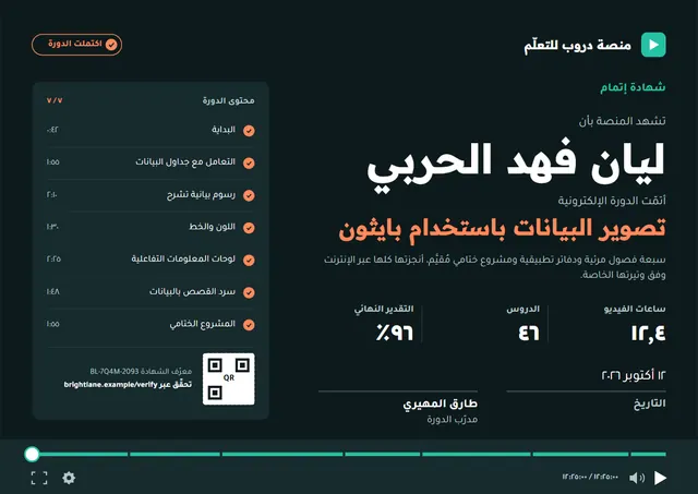 قالب شهادة إتمام دورة إلكترونية بتصميم أسود وأمواج، مقاس A4 أفقي