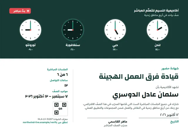 قالب شهادة صف افتراضي مباشر بتصميم أخضر داكن وزخارف في الزوايا، مقاس A4 أفقي