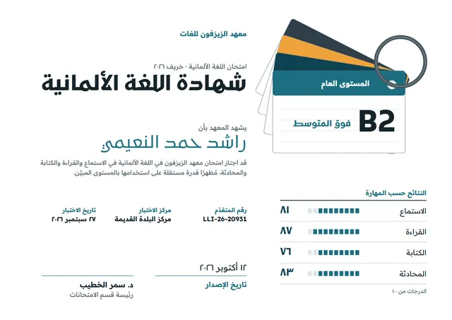 قالب شهادة اللغة الألمانية بتصميم عصري أزرق بحري، مقاس A4 أفقي