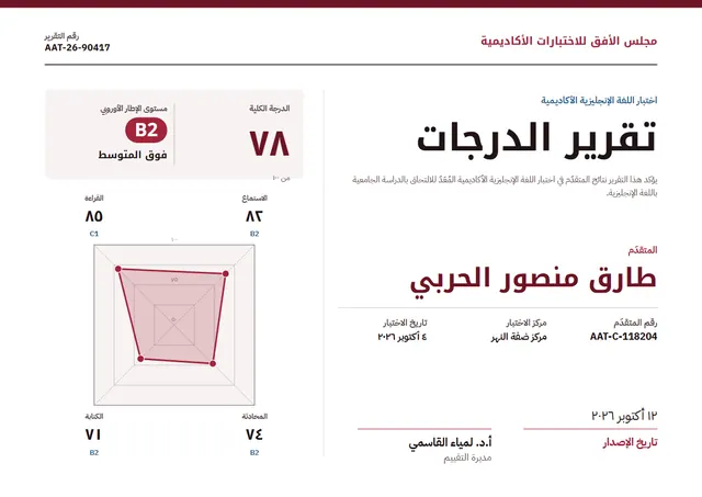 قالب كشف درجات الإنجليزية الأكاديمية بتصميم عنابي وإطار أنيق، مقاس A4 أفقي