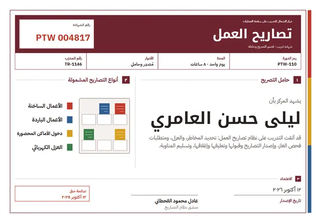 قالب شهادة نظام تصاريح العمل بتصميم عنابي وإطار أنيق، مقاس A4 أفقي