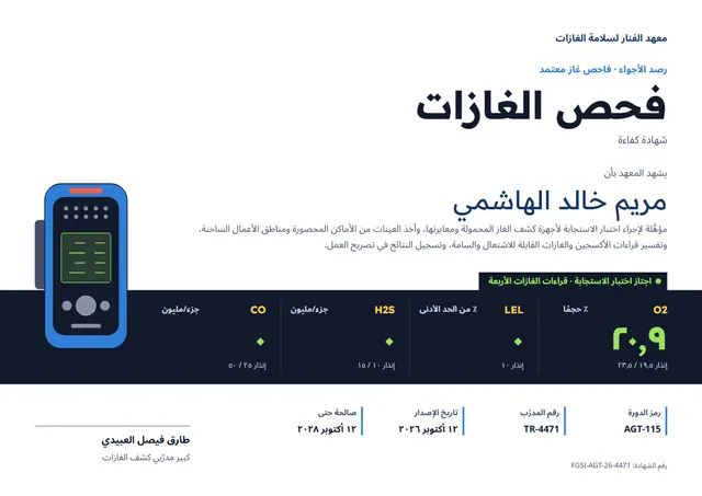 قالب شهادة فحص الغازات بتصميم ليلي داكن وجبال، مقاس A4 أفقي