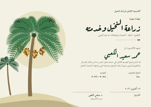 قالب شهادة زراعة النخيل بتصميم ذهبي وشمس مشرقة، مقاس A4 أفقي