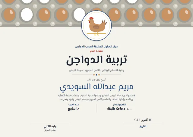 قالب شهادة تربية الدواجن بتصميم ذهبي وميدالية، مقاس A4 أفقي