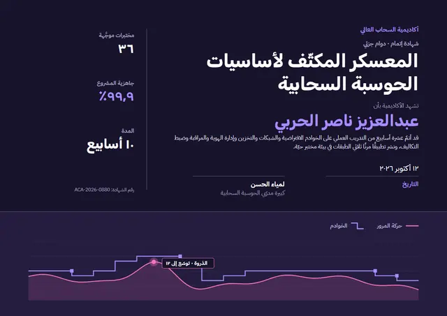 قالب شهادة معسكر أساسيات الحوسبة السحابية بتصميم ليلي داكن وجبال، مقاس A4 أفقي