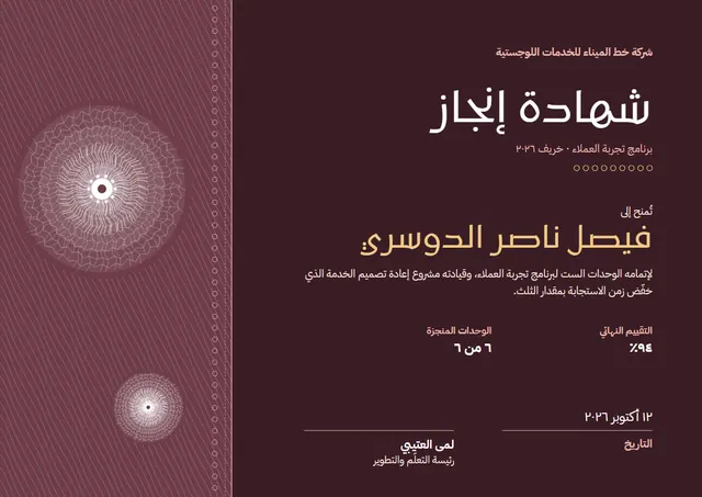 قالب شهادة الإنجاز بتصميم عنابي وشمس مشرقة، مقاس A4 أفقي