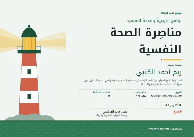 قالب شهادة سفير التوعية بالصحة النفسية بتصميم زمردي وأمواج، مقاس A4 أفقي