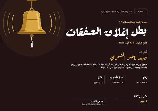 قالب شهادة بطل إغلاق الصفقات بتصميم أسود وتاج، مقاس A4 أفقي