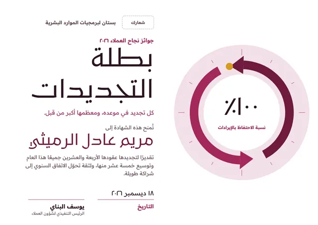 قالب شهادة بطل تجديد العقود بتصميم عنابي ونجوم، مقاس A4 أفقي