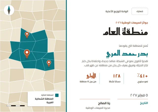 قالب شهادة المنطقة البيعية للعام بتصميم ذهبي وخريطة وبوصلة، مقاس A4 أفقي