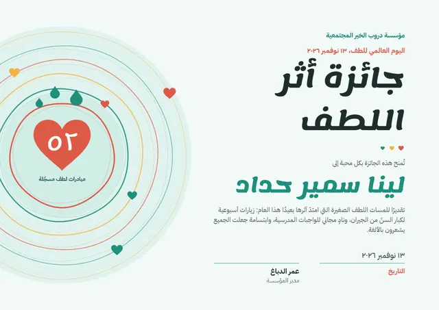 قالب شهادة اليوم العالمي للّطف بتصميم يشمي وأمواج، مقاس A4 أفقي