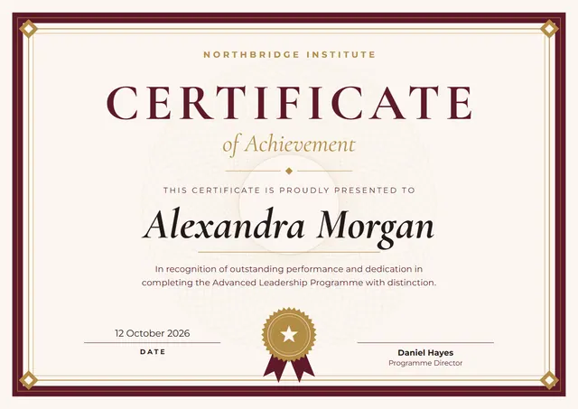 Burgundy Seal Certificate of Achievement template, A4 landscape, in burgundy