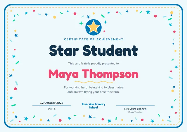 Navy Starry Student Award Certificate template, A4 landscape, in navy