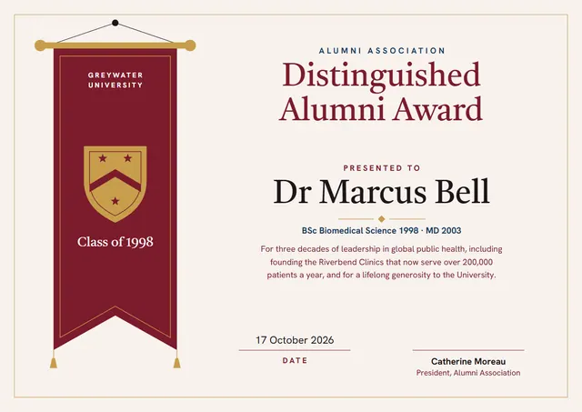 Burgundy Tassel Distinguished Alumni Award template, A4 landscape, in burgundy
