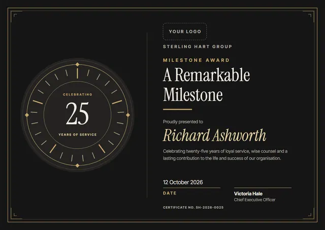 Gold Ornate Milestone Certificate template, A4 landscape, in gold