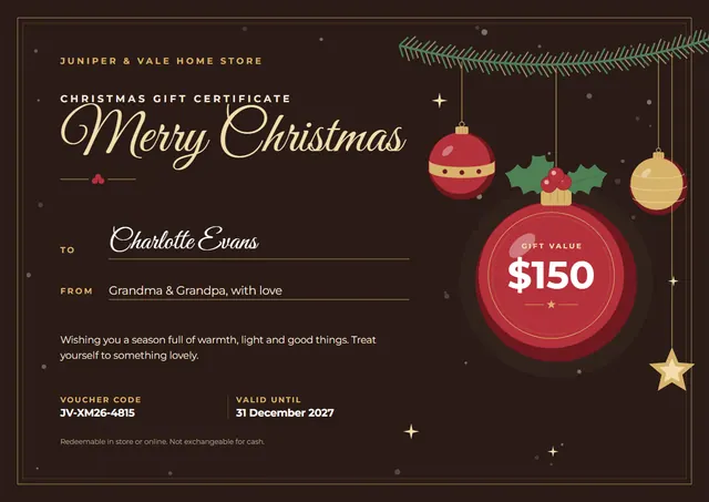 Chocolate Starry Christmas Gift Certificate template, A4 landscape, in chocolate