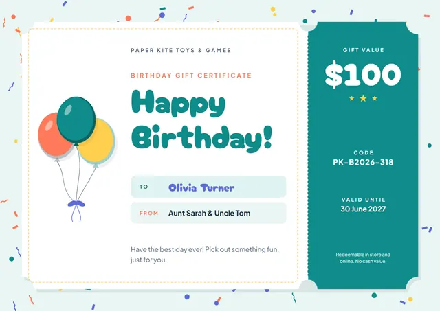 Teal Ribbon Birthday Gift Certificate template, A4 landscape, in teal