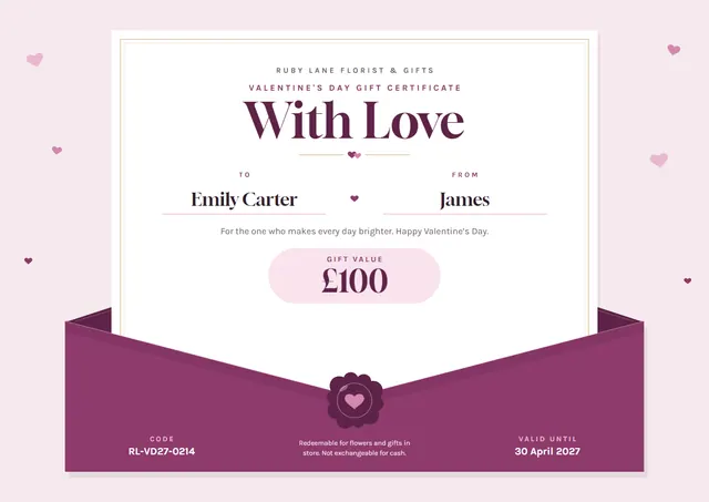Plum Seal Valentine's Day Gift Certificate template, A4 landscape, in plum