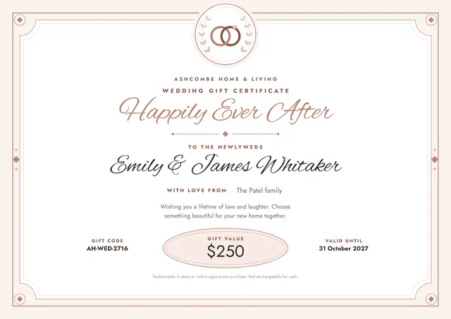 Copper Laurel Wedding Gift Certificate template, A4 landscape, in copper