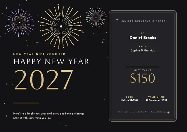 Gold Starry New Year Gift Voucher template, A4 landscape, in gold