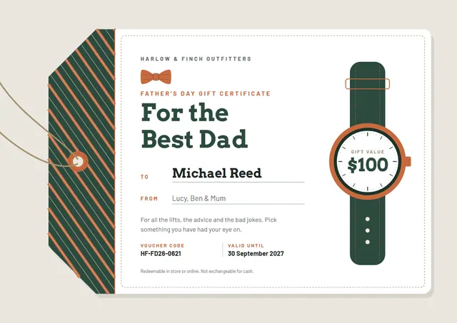 Forest Green Crown Father's Day Gift Certificate template, A4 landscape, in forest green