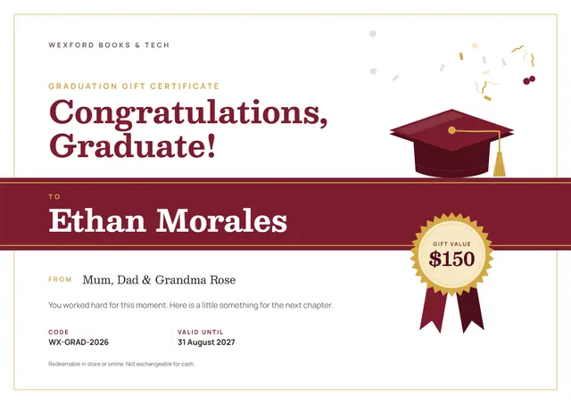 Burgundy Tassel Graduation Gift Certificate template, A4 landscape, in burgundy