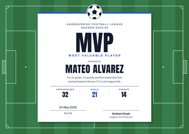 Emerald Wave Football MVP Award template, A4 landscape, in emerald
